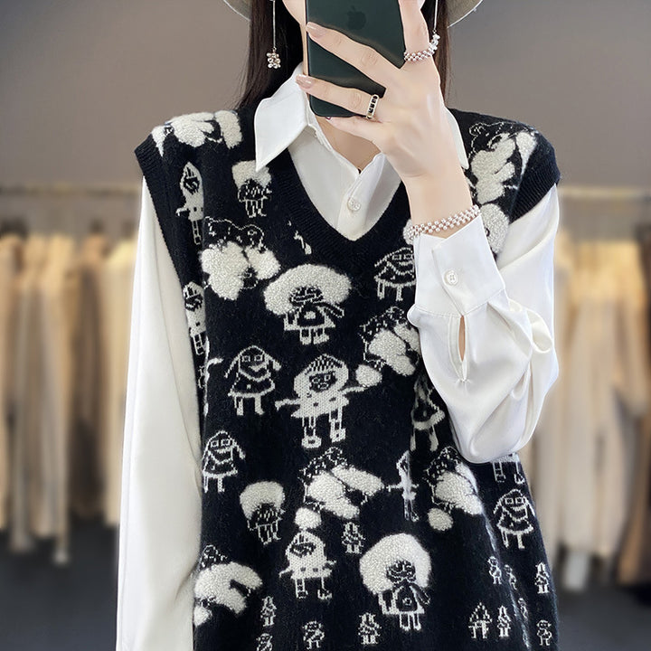 Damen Oversize-Strickweste mit V‑Ausschnitt und verspieltem Jacquard‑Motiv Echoarchiv