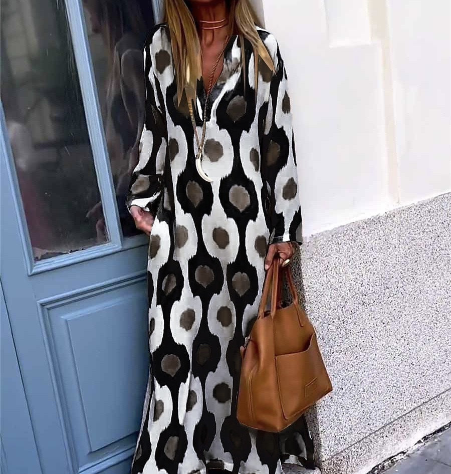 Damen Langes Boho-Maxikleid mit V-Ausschnitt, lockerem Schnitt und auffälligem Allover-Print – Valéora