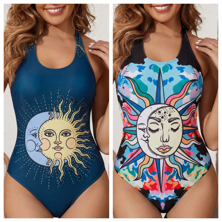 Damen Einteiliger Badeanzug mit originellem Sonnen-Mond-Design Echo Archiv