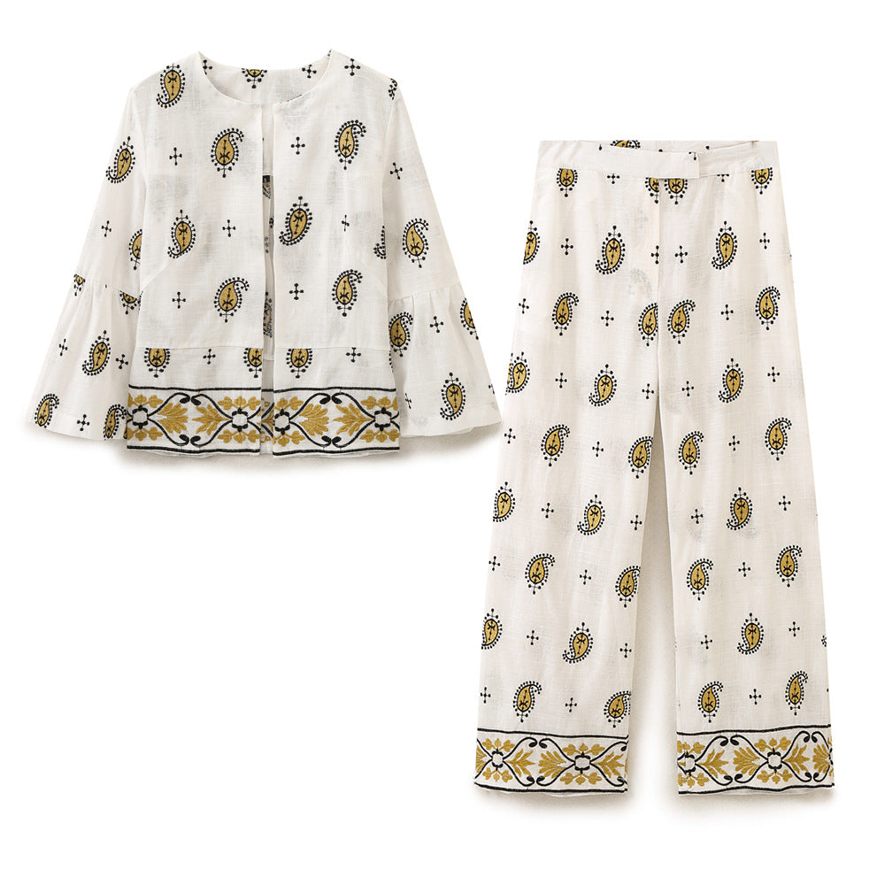 Damen Weite Leinenhose mit Paisley‑Print und besticktem Saum Echoarchiv