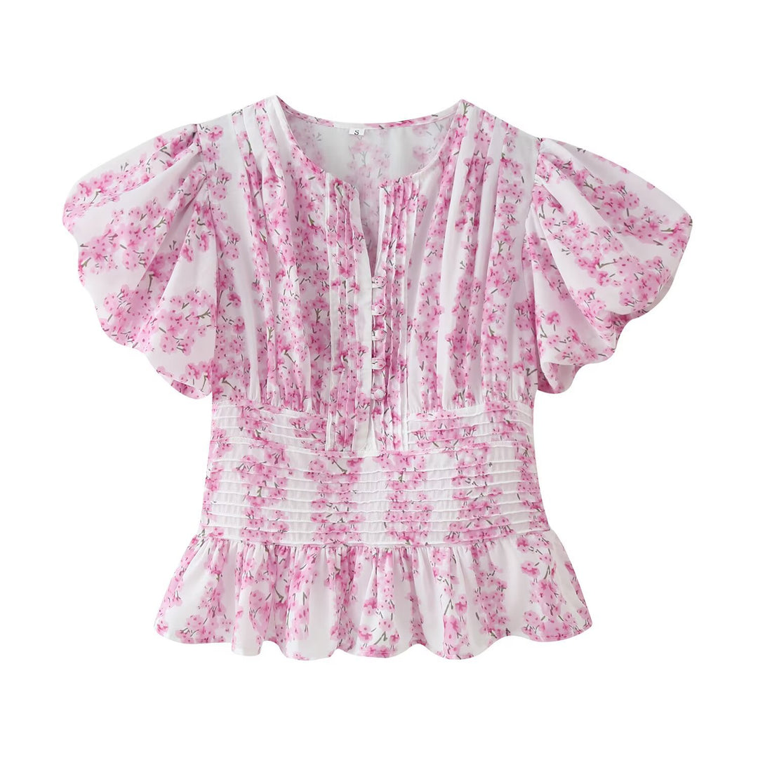Damen Romantische Bluse mit Puffärmeln, Kellerfalten‑Blende und gesmokter Taille Echo Archiv