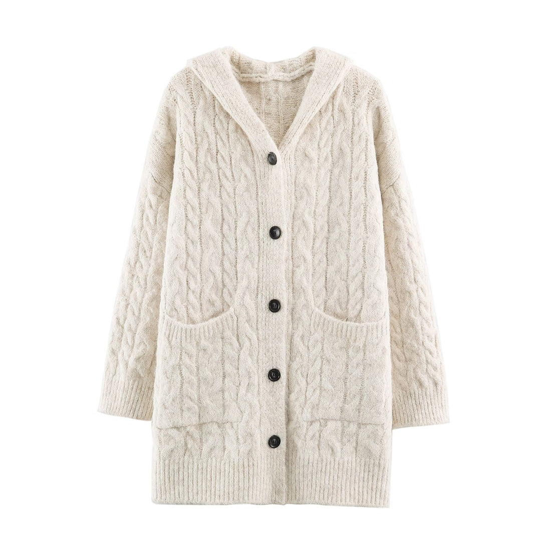 Damen Langgestrickter Kapuzen-Cardigan mit Zopfmuster und Knopfleiste Echoarchiv