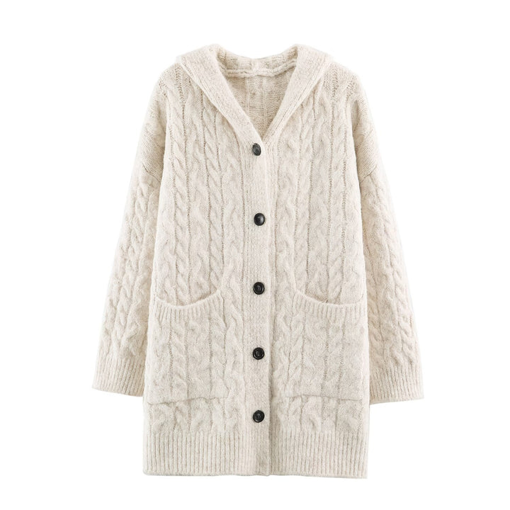 Damen Langgestrickter Kapuzen-Cardigan mit Zopfmuster und Knopfleiste Echoarchiv