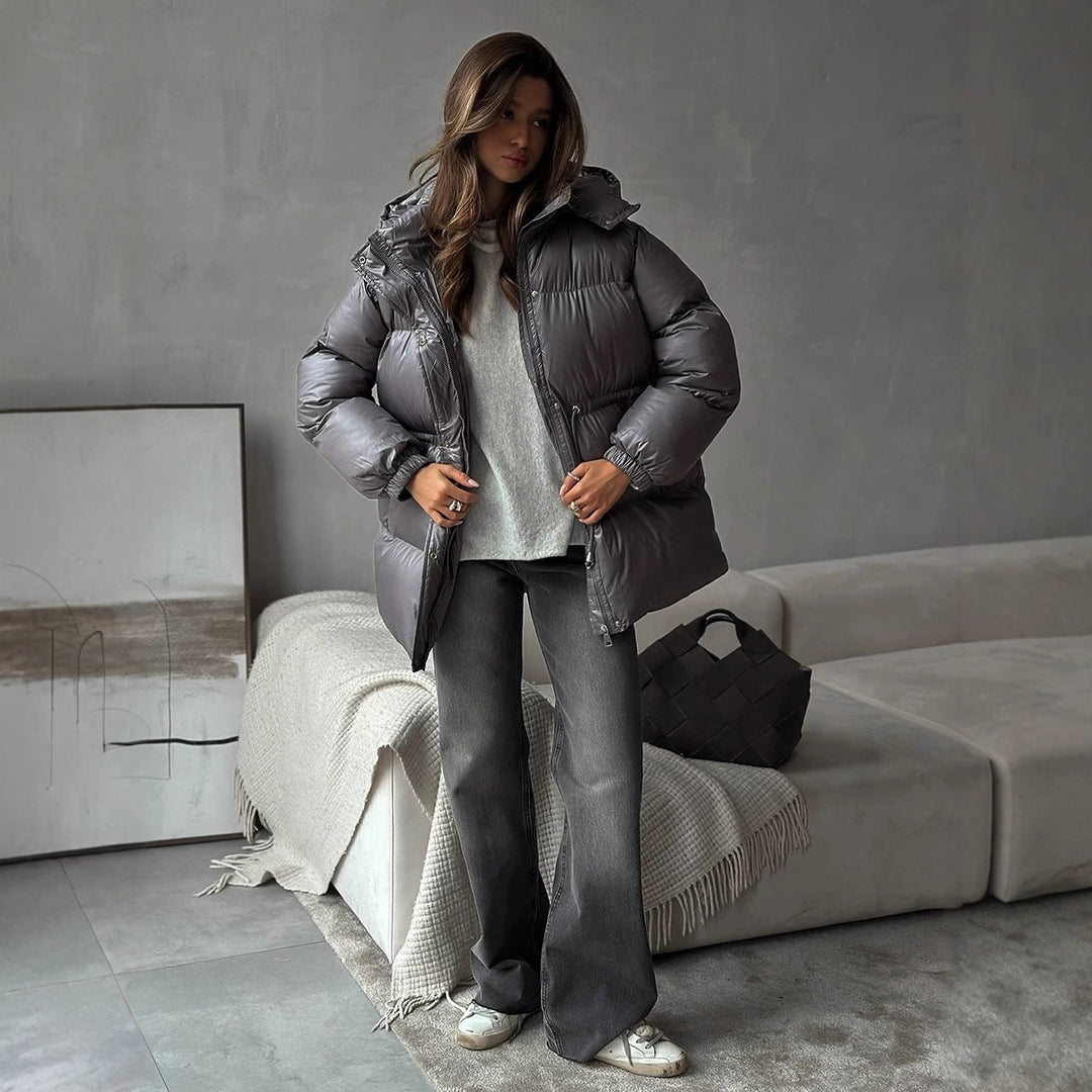 Damen gesteppte Steppjacke mit Taillenzug und Kapuze Echoarchiv
