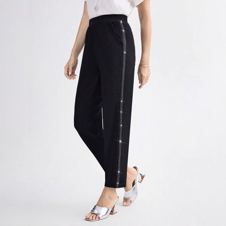 Damen Elegante gerade geschnittene Stoffhose mit elastischem Bund und seitlichem Glitzerbesatz – Avérine