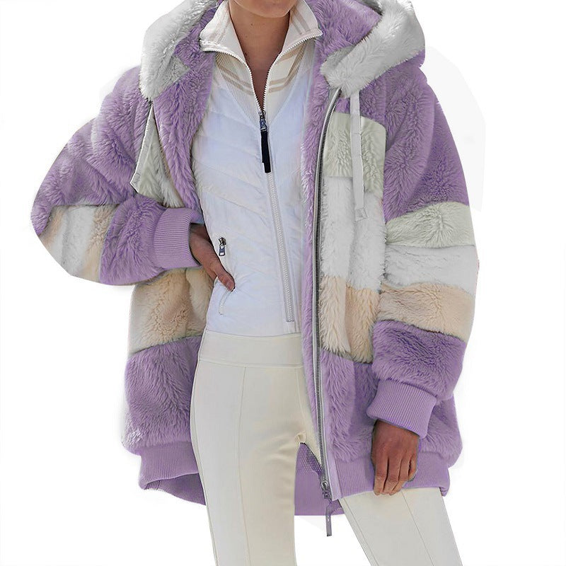 Damen nan oversized Kunstfell-Patchwork Kapuzenjacke mit Rippbündchen und Zweiwege-Reißverschluss Echo Archiv