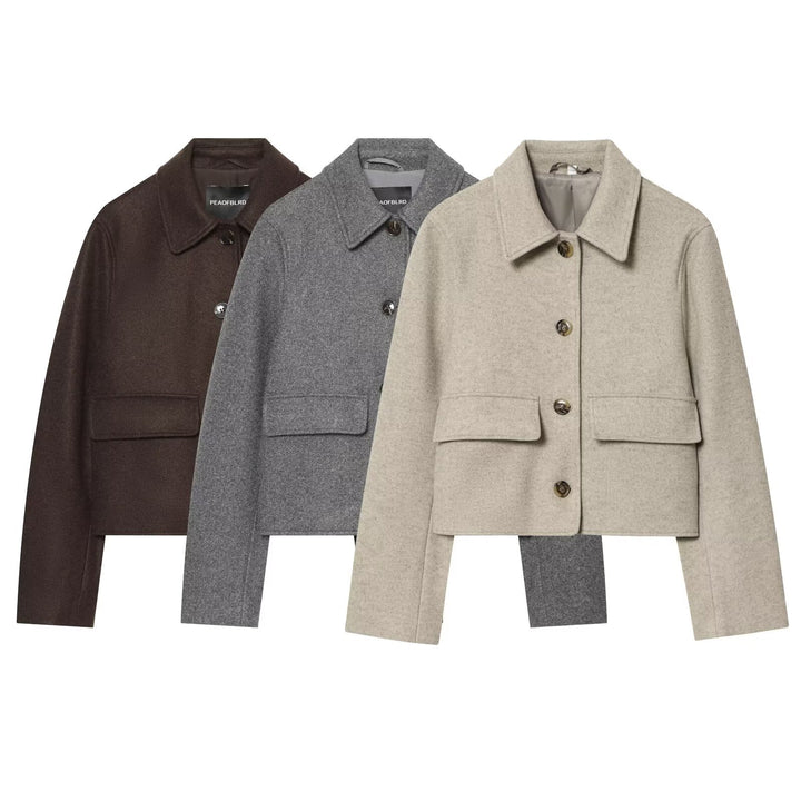 Damen Kurzer boxy Wollblouson mit Hemdkragen und Pattentaschen Echo Archiv
