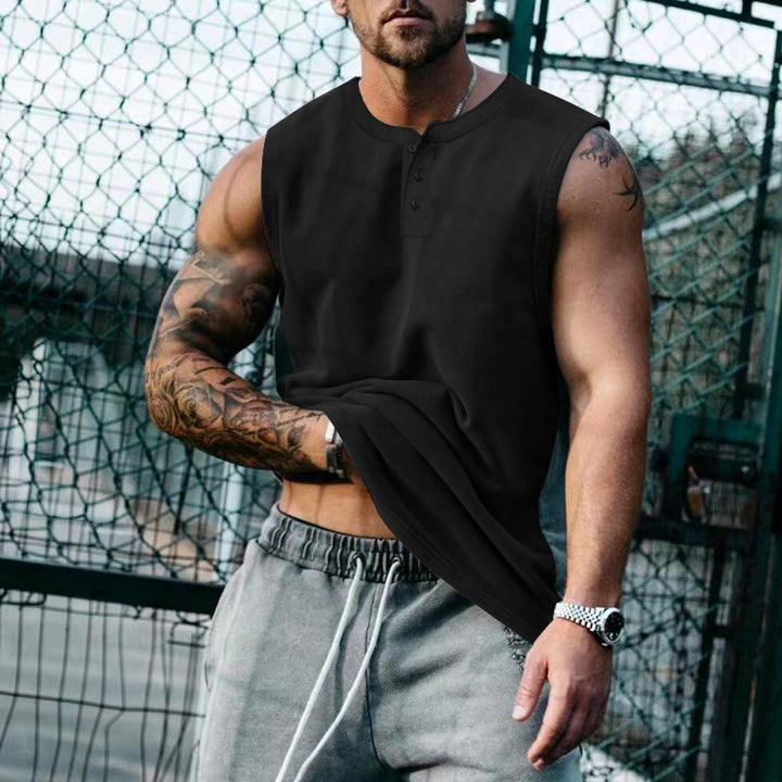 Herren ärmelloses Henley-Shirt mit dekorativen Knöpfen und lässigem Schnitt Echoarchiv