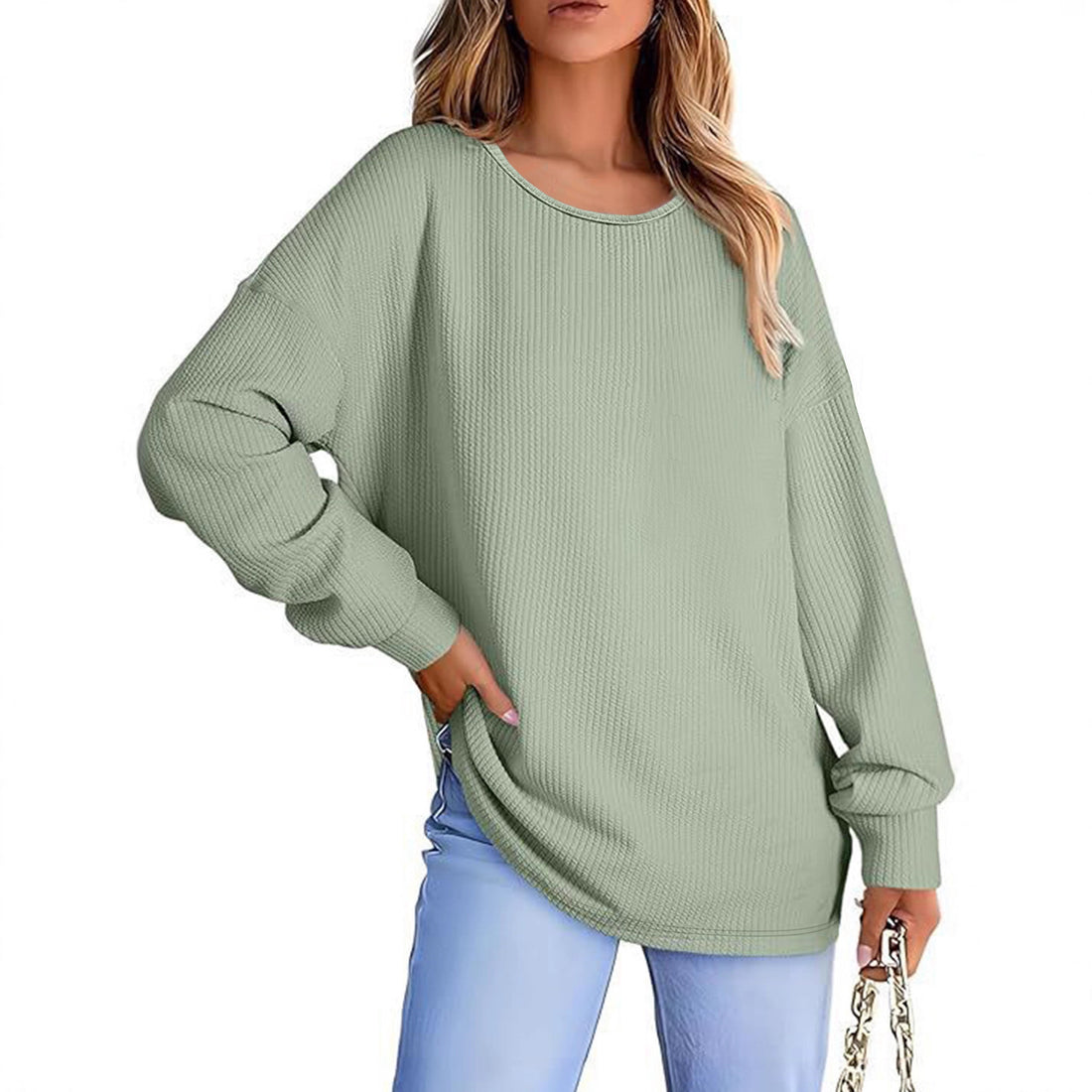 Damen Oversize Waffelstrickpullover mit Rundhals, Ballonärmeln und verlängertem Saum – Mavelle
