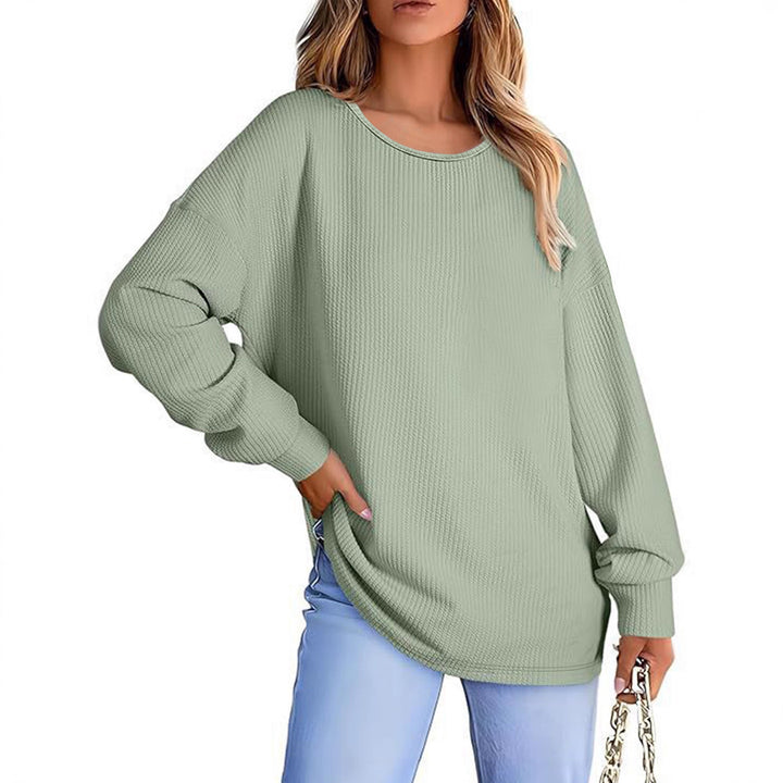 Damen Oversize Waffelstrickpullover mit Rundhals, Ballonärmeln und verlängertem Saum Echoarchiv
