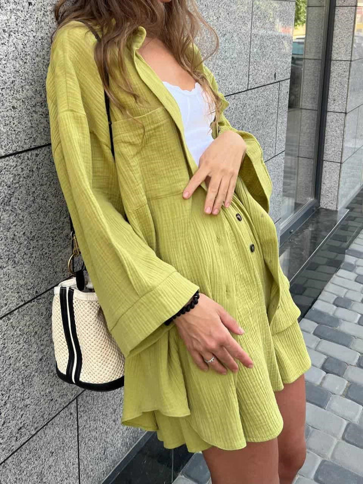 Damen nan lässiges Musselin-Zweiteiler Set mit Oversize-Hemd und elastischer Highwaist-Shorts Echo Archiv