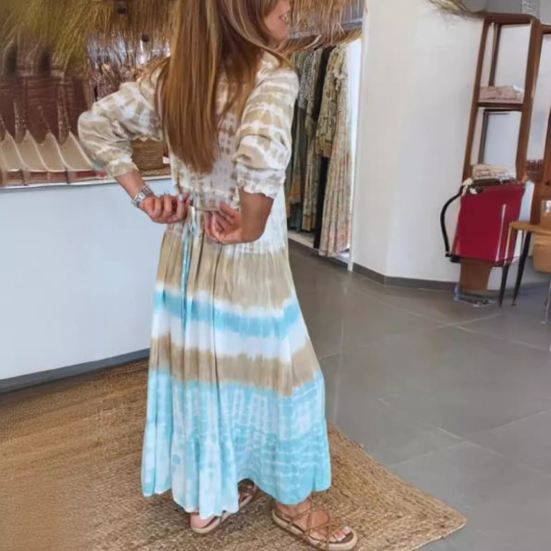 Damen nan luftiges Batik-Stufenkleid mit V-Ausschnitt, Empire-Taille und elastischen Ärmeln Echo Archiv