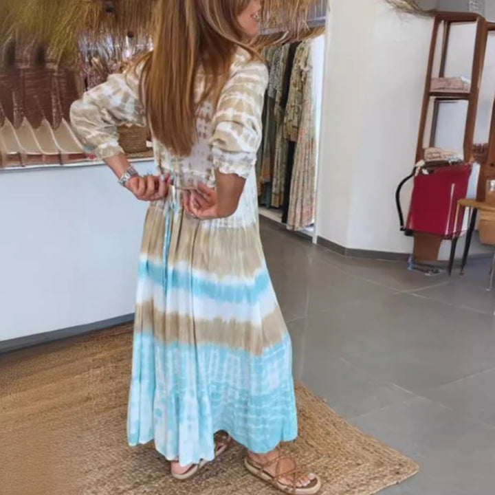 Damen nan luftiges Batik-Stufenkleid mit V-Ausschnitt, Empire-Taille und elastischen Ärmeln Echo Archiv