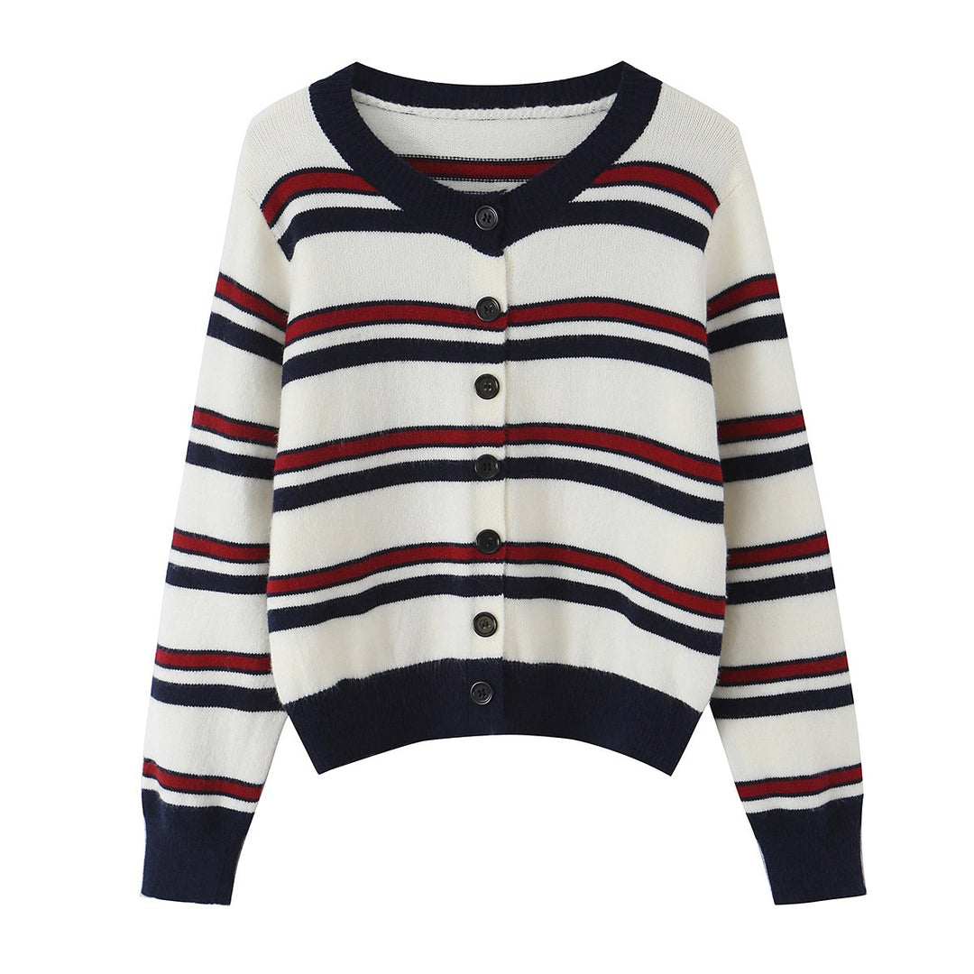 Damen Gestreifte Strickjacke mit Knopfleiste und geripptem Saum Echo Archiv