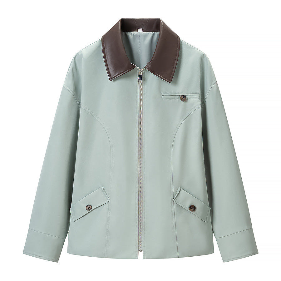 Damen Kurze Lederoptik-Blousonjacke mit Kontrastkragen und Reißverschluss Echo Archiv