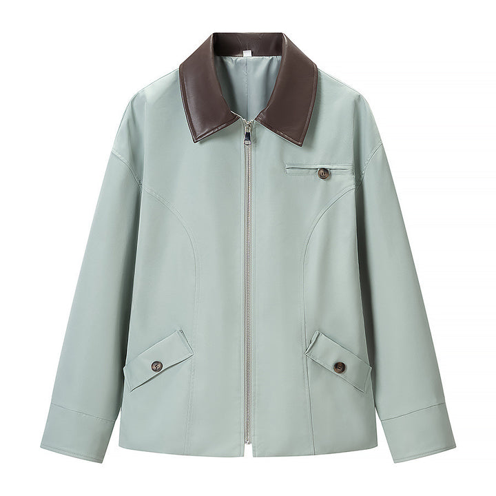 Damen Kurze Lederoptik-Blousonjacke mit Kontrastkragen und Reißverschluss Echo Archiv