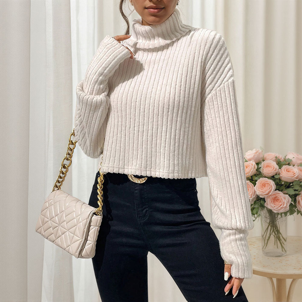 Damen geripptes Cropped‑Rollkragenpullover mit überschnittenen Schultern und voluminösen Ärmeln – Mavelle