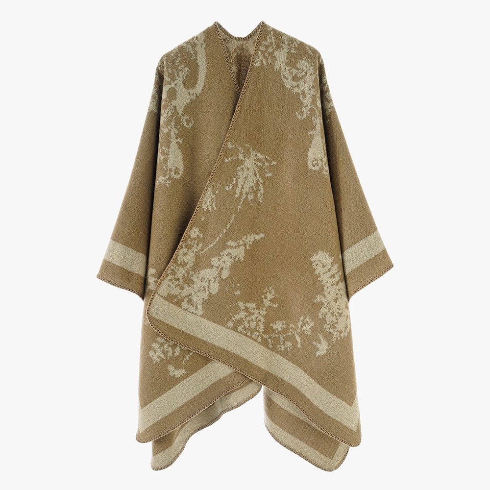 Damen Eleganter Cape‑Poncho im Kimono‑Schnitt mit Jacquard‑Strick – Avérine