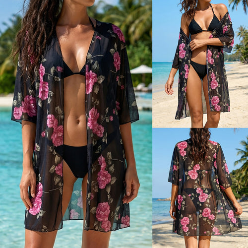 Damen eleganter transparenter Strandüberwurf mit floralem Design Echo Archiv