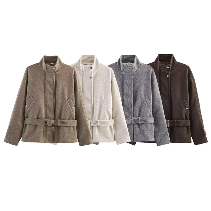 Damen taillierte Kurzjacke im Wollmix mit Stehkragen, Druckknopfleiste und Bindegürtel – Célinea