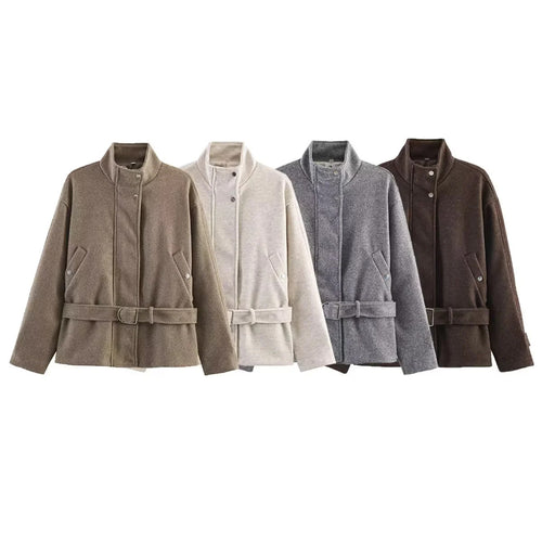 Damen taillierte Kurzjacke im Wollmix mit Stehkragen, Druckknopfleiste und Bindegürtel – Célinea