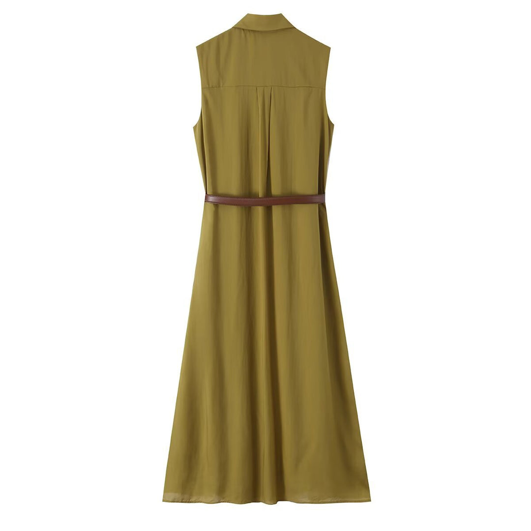 Damen Ärmelloses Hemdblusenkleid mit Kellerfalten, durchgehender Knopfleiste und Taillengürtel Echoarchiv