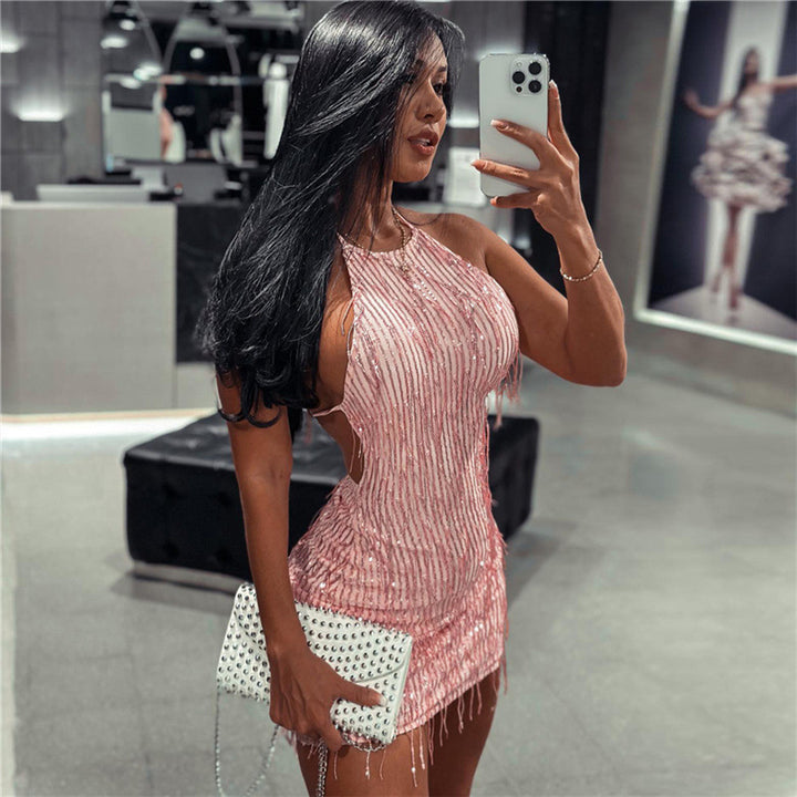 Damen Elegantes Abendkleid mit Pailletten und feinen Fransen Echo Archiv