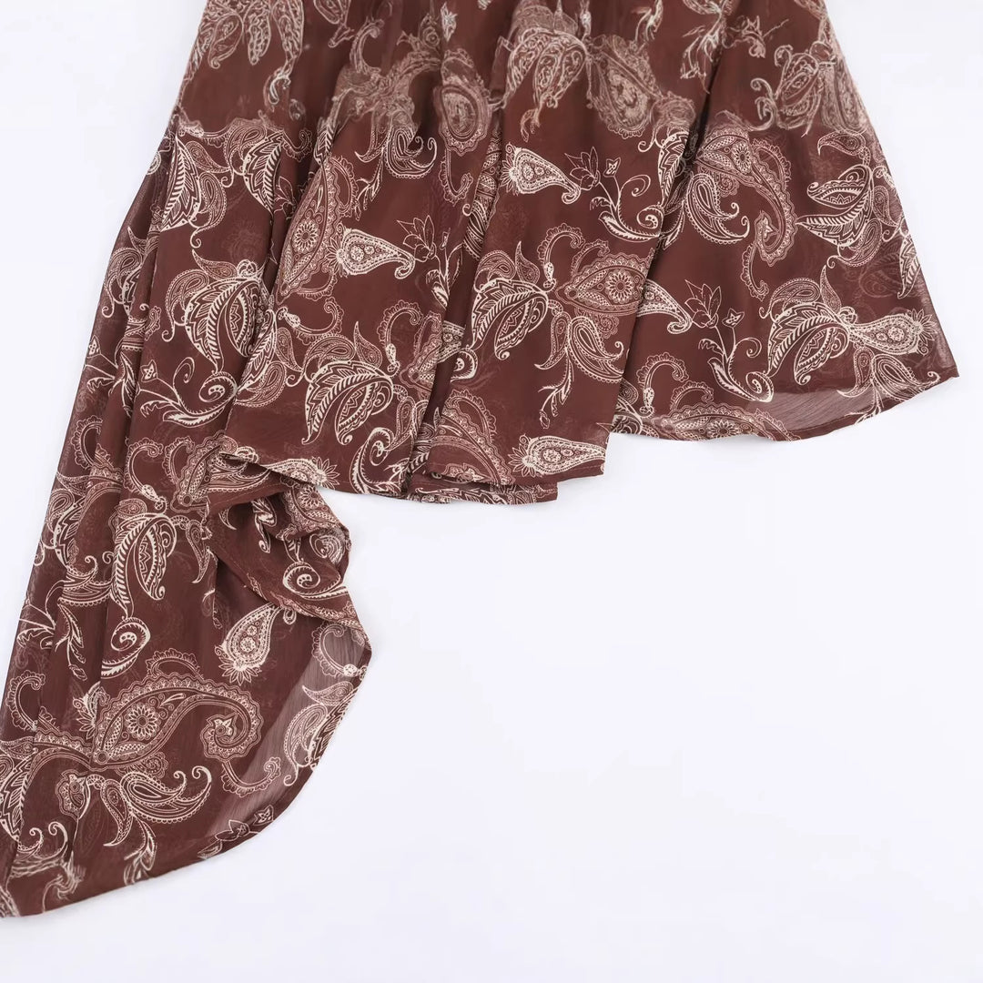 Damen Asymmetrisches Paisley‑Chiffon‑Minikleid mit Ballonärmeln und Taillengürtel Echoarchiv