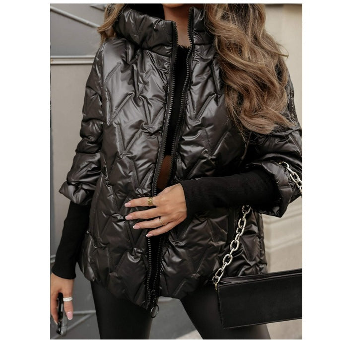 Damen nan kurze gesteppte Wattierte Steppjacke mit Hochkragen Wet-Look und Rippbündchen Echo Archiv