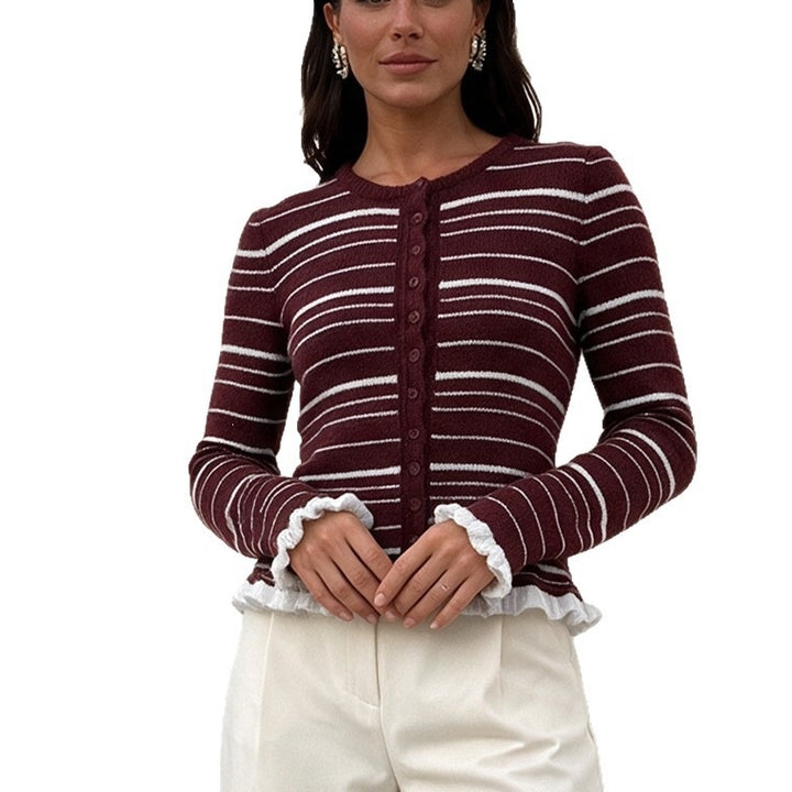 Damen Feinstrick-Buttoncardigan mit Streifen, Rüschenbesatz & taillierter Passform Echoarchiv