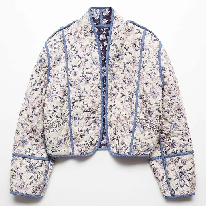 Damen Kurz geschnittene gesteppte Blousonjacke mit floraler Stickerei und Kontrastpaspel Echo Archiv