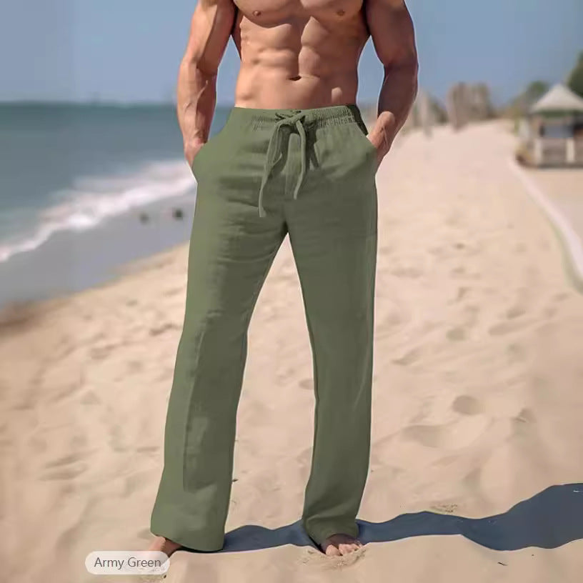 Herren weite Resort-Freizeithose im Palazzo-Stil aus Leinenmix mit Tunnelzug und seitlichen Eingrifftaschen – Sorevano