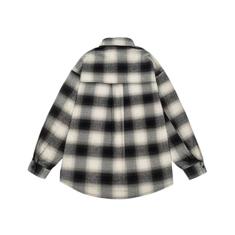 Unisex Karo-Flanell-Hemdjacke im Oversize-Kastenschnitt mit abgerundetem Saum Echoarchiv