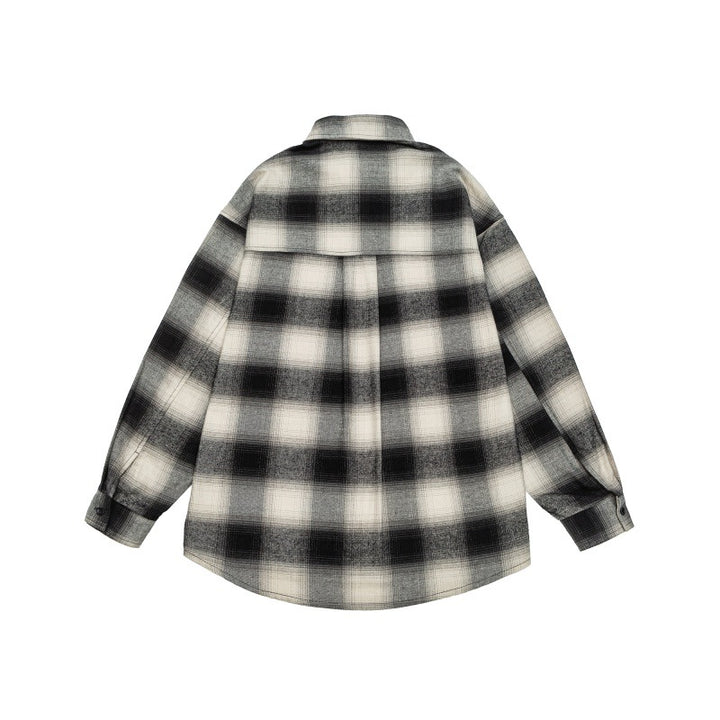 Unisex Karo-Flanell-Hemdjacke im Oversize-Kastenschnitt mit abgerundetem Saum Echoarchiv
