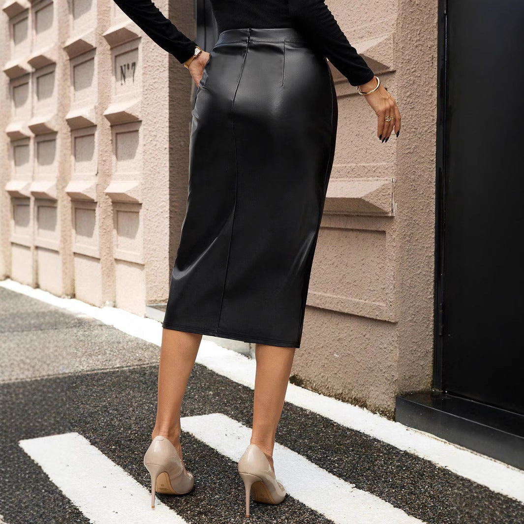 Damen Eleganter Kunstleder-Midirock mit hohen Schlitz Echoarchiv