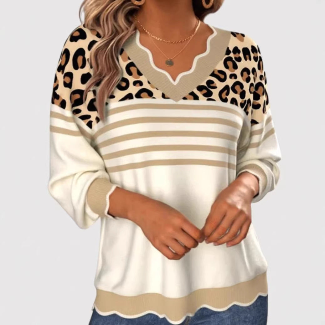 Damen Modischer V-Pullover mit Leo-Print – Mavelle