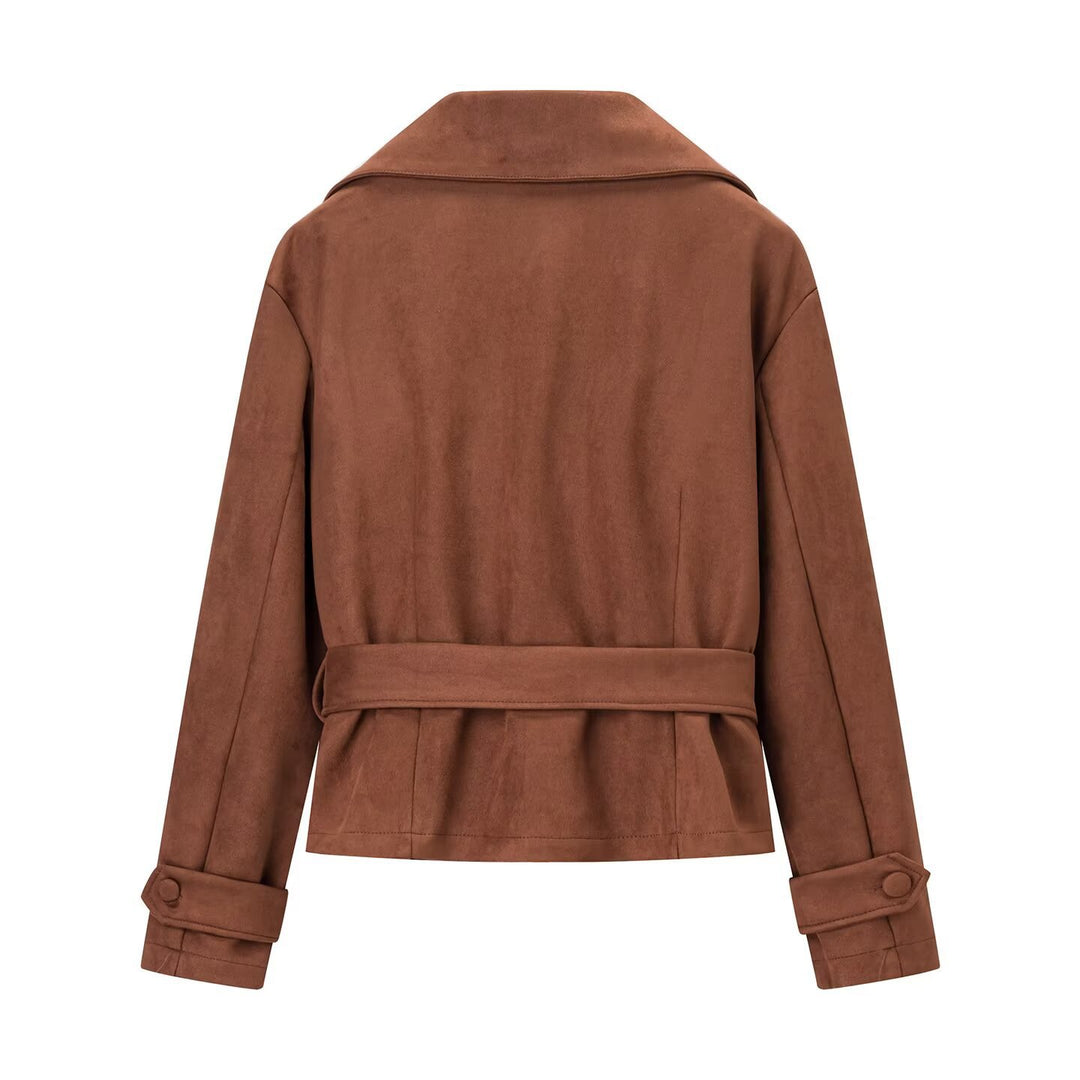Damen Kurzjacke im Veloursleder‑Look mit Taillengürtel und großem Revers Echo Archiv