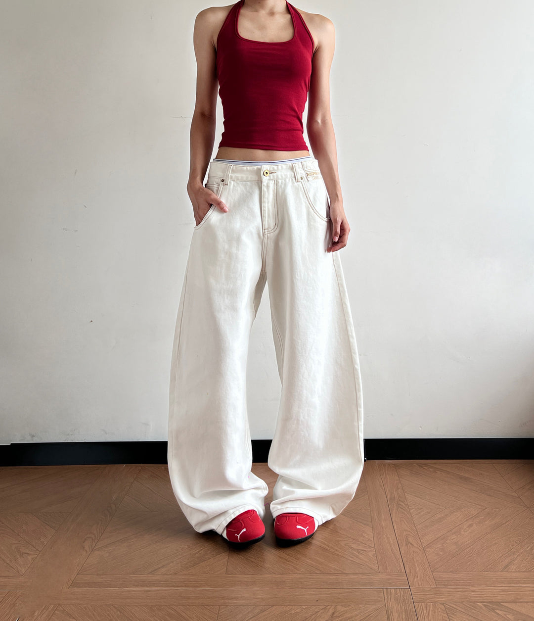 Damen Ultraweit geschnittene Canvas-Five-Pocket-Hose mit tiefer Bundlinie Echo Archiv