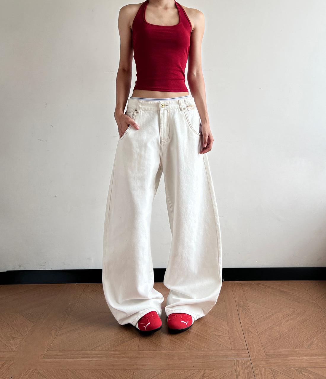 Damen Ultraweit geschnittene Canvas-Five-Pocket-Hose mit tiefer Bundlinie Echo Archiv