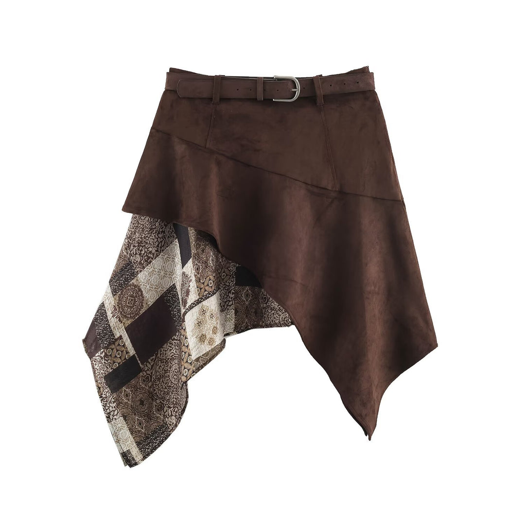 Damen Asymmetrischer Patchwork-Wickelrock mit Taillengürtel und Lagenoptik Echoarchiv