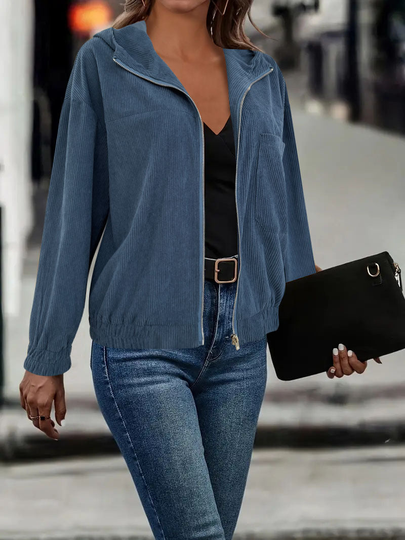 Damen Casual Cord-Hoodiejacke mit feiner Kordsamtstruktur, durchgehendem Reißverschluss und elastischem Saum – Célinea