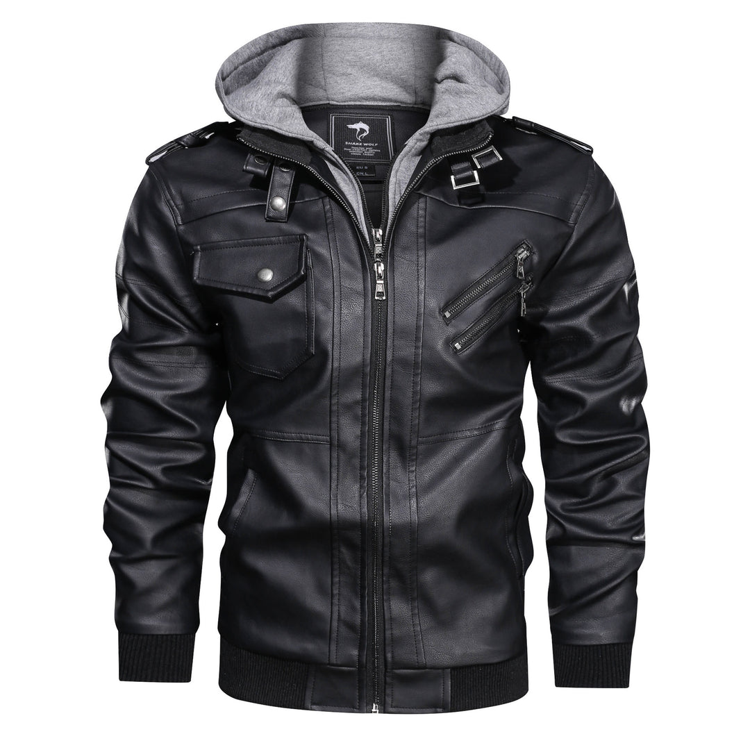 Herren Lederoptik-Utility-Jacke mit Kapuze, Reißverschlusstaschen und Rippbündchen – Taviero