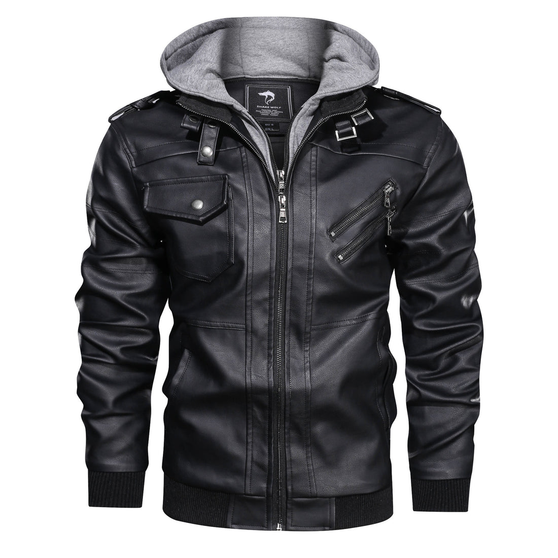 Herren Lederoptik-Utility-Jacke mit Kapuze, Reißverschlusstaschen und Rippbündchen – Taviero