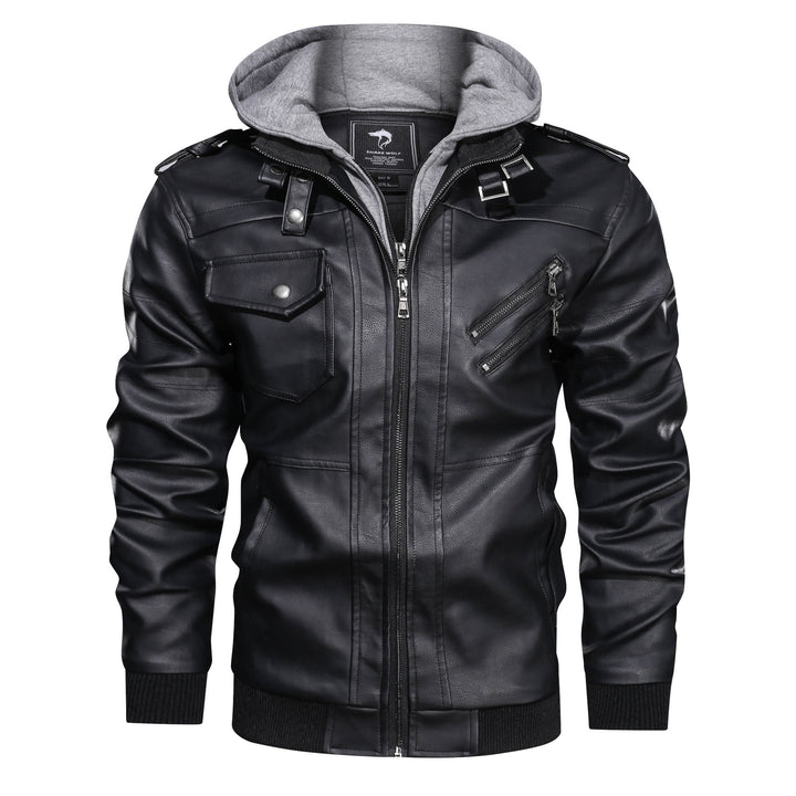 Herren Lederoptik-Utility-Jacke mit Kapuze, Reißverschlusstaschen und Rippbündchen – Taviero