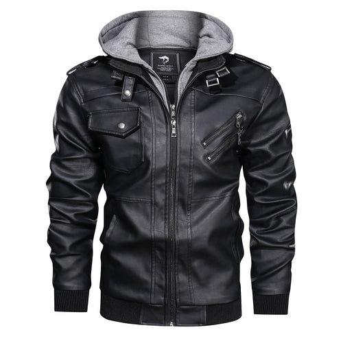 Herren Lederoptik-Utility-Jacke mit Kapuze, Reißverschlusstaschen und Rippbündchen – Taviero