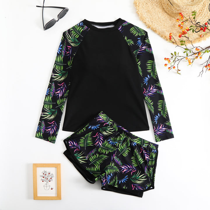 Damen Sportlicher Langarm Rashguard mit buntem Blattdesign Echo Archiv