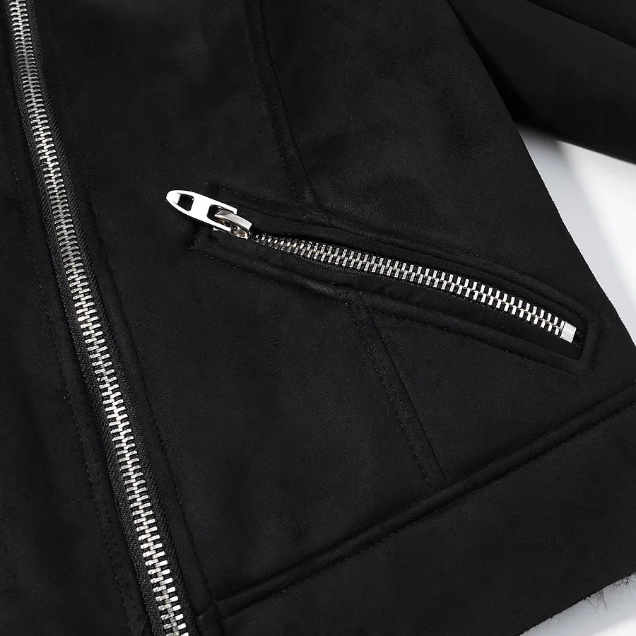 Damen kurze Bikerjacke aus Veloursimitat mit Teddyfutter und asymmetrischer Metall-Reißverschluss – Célinea