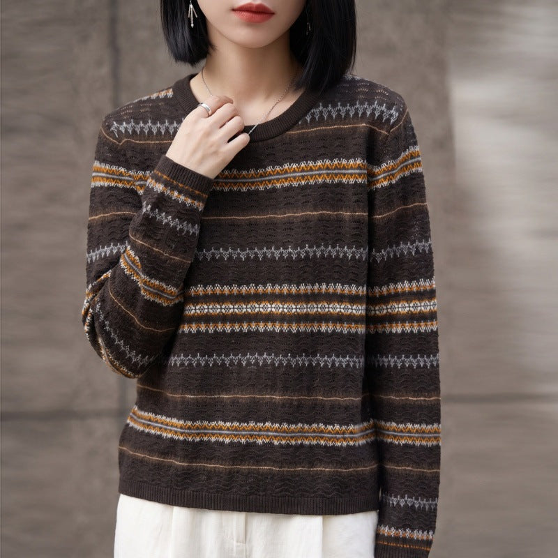 Damen Leichter Fair‑Isle Feinstrickpullover mit Rundhalsausschnitt und feiner Streifenstruktur Echoarchiv