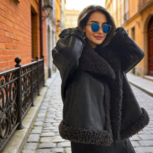 Damen Kurz geschnittene Aviator-Lederjacke mit Teddyfutter, großem Kragen und Oversize-Silhouette Echo Archiv