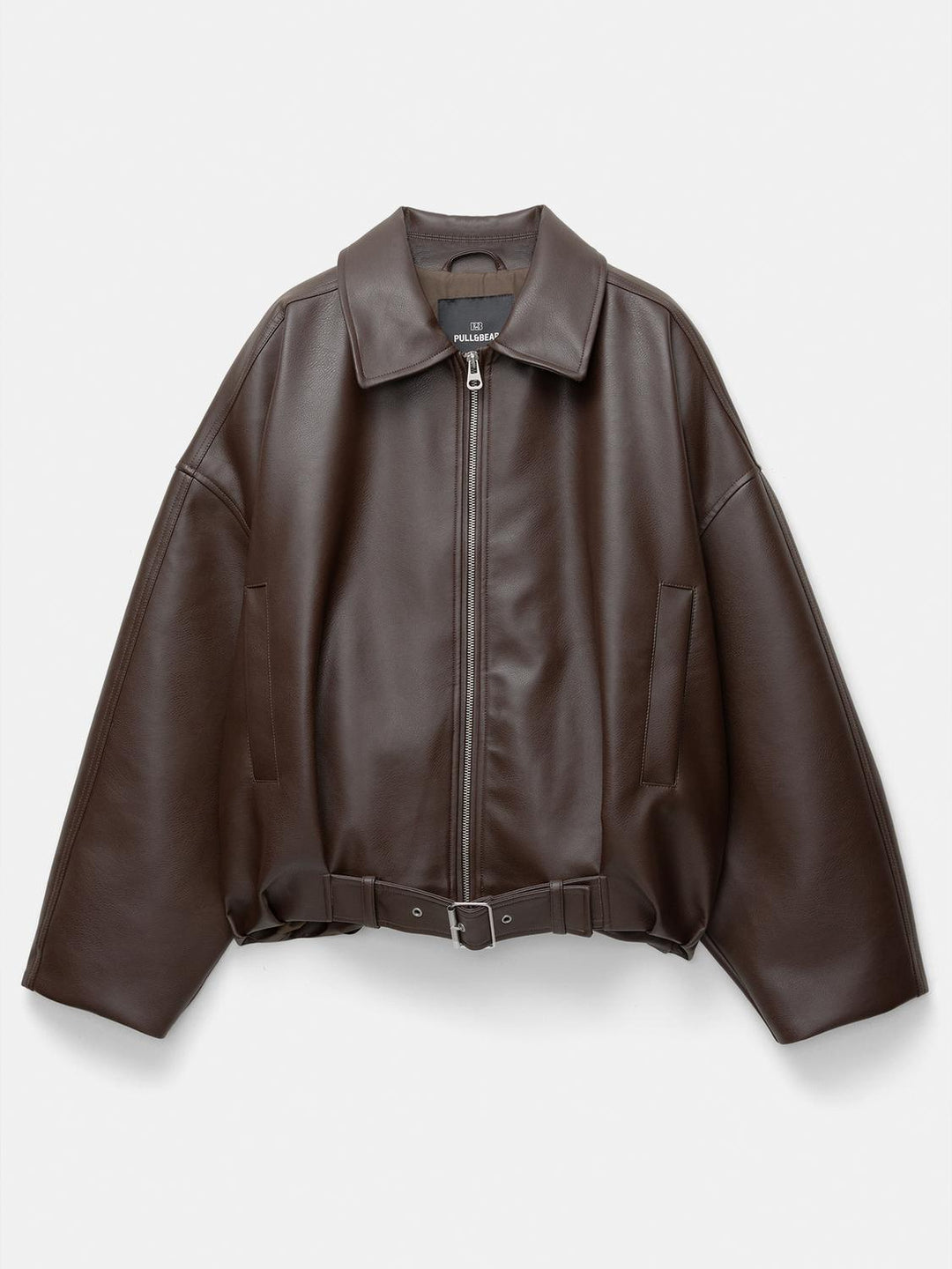 Damen Modische Kunstlederjacke mit auffälligem Kragen und Taillengürtel